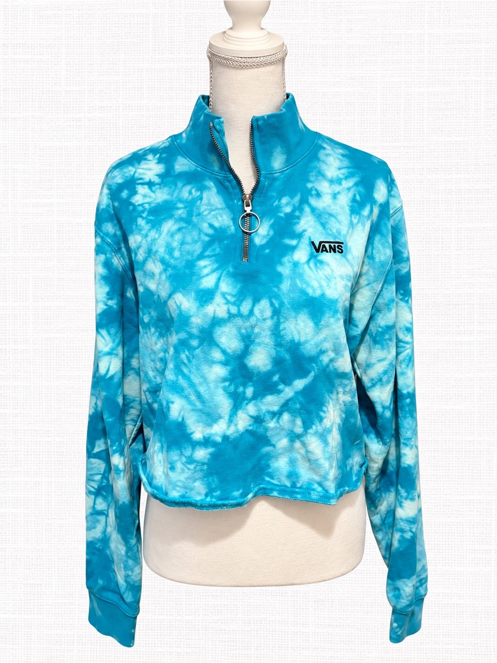 Vans Women's Blue Tie Dye Cropped Quarter Zip Pullover Sweatshirt Size Large